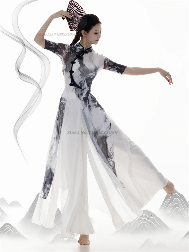 chinese vintage dance costume national flower print mesh qipao dress+pants set traditional stage performance qipao dress