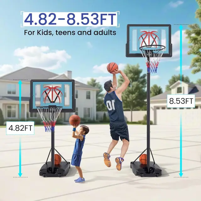 Adjustable Basketball Hoop 4.82-8.53ft, Portable with Wheels, 32in Backboard, Includes Ball & Nets