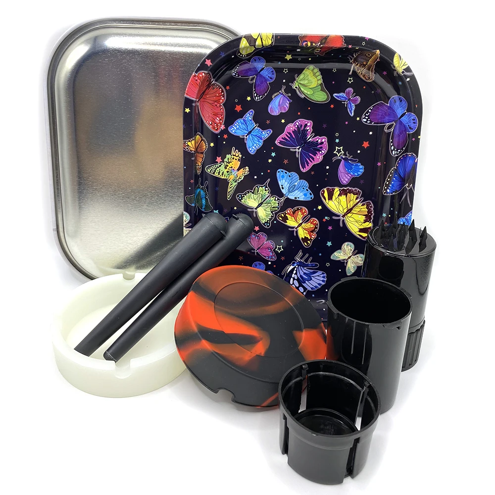 Tobacco Metal Rolling Tray Cigarette Plastic Grass Grinder Storage Tube Container Silicone Round Ashtray Smoking Set 3