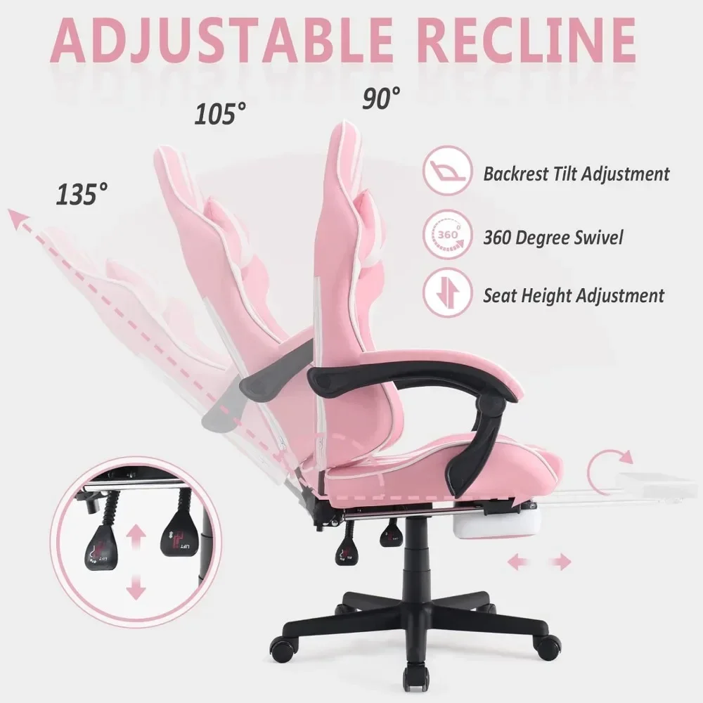 Pink Gaming Chairs with Footrest,Computer Game Chair,Massage Gaming Chairs,Christmas,Xmas Gift,PC Gaming Chairs 6