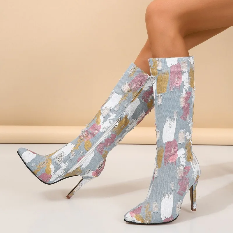 Shoes Female 2023 Knee-High Women's Boots Sexy Modern Boots Women Patchwork Raw Edge Zip Pointed Toe Thin High Heel Shoes Women