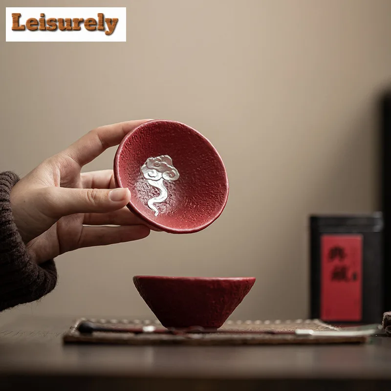 100ml Palace Red Auspicious Cloud Gilded Silver Teacup Antique Tea Bowl Tea Cup Set Tea-tasting Smelling Cup Chazhan Tableware