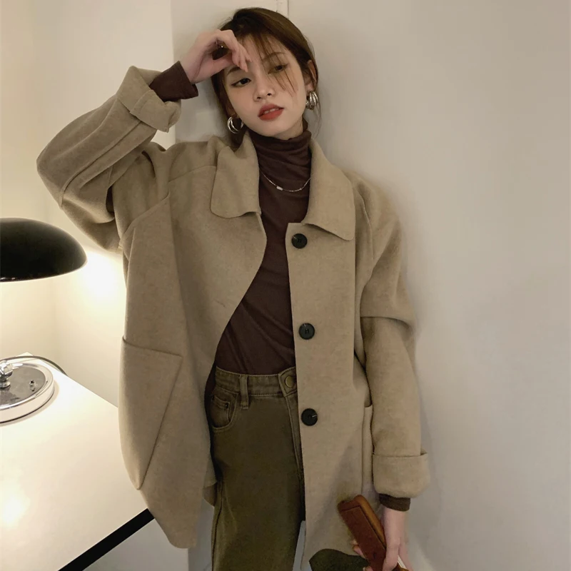 

Женское однобортное пальто, винтажное пальто из искусственной шерсти с длинным рукавом, свободная повседневная верхняя одежда с отложным воротником, весна-осень