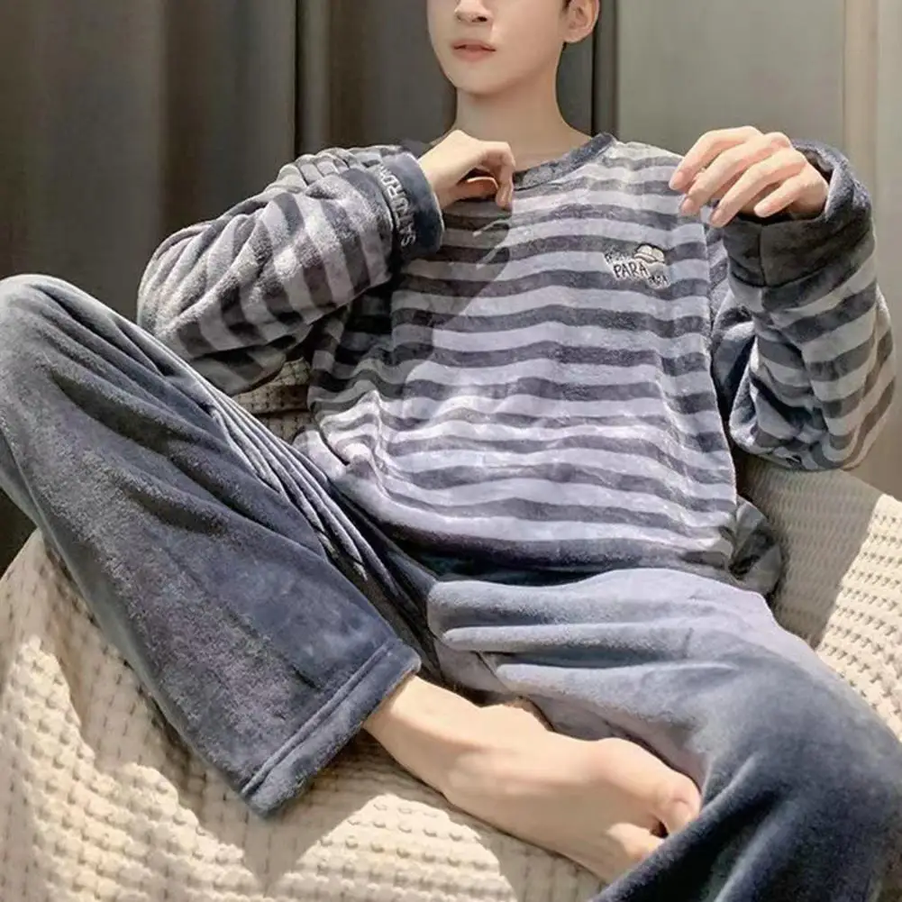 

Men Fall Loungewear Cozy Men's Winter Pajama Set Striped Round Neck Thick Coral Fleece Elastic Waist Warm Homewear for Fall
