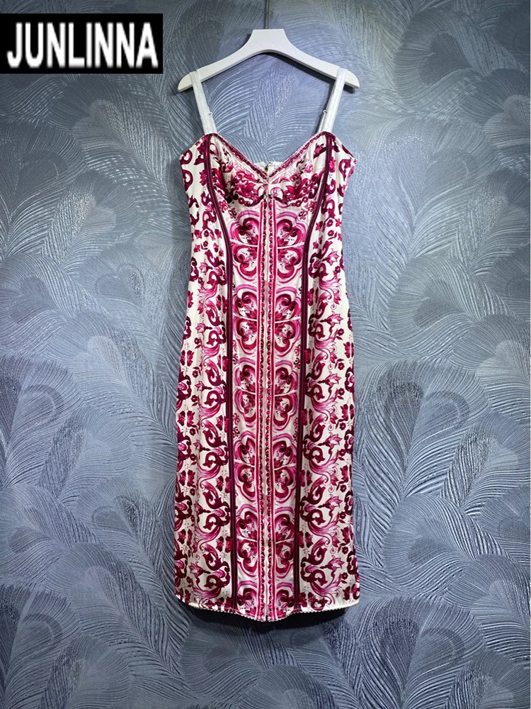 

JUNLINNA Fashion High Street Silk Dresses Summer Women Spaghetti Strap Elegant Porcelain Printing Party Evening Vestidos