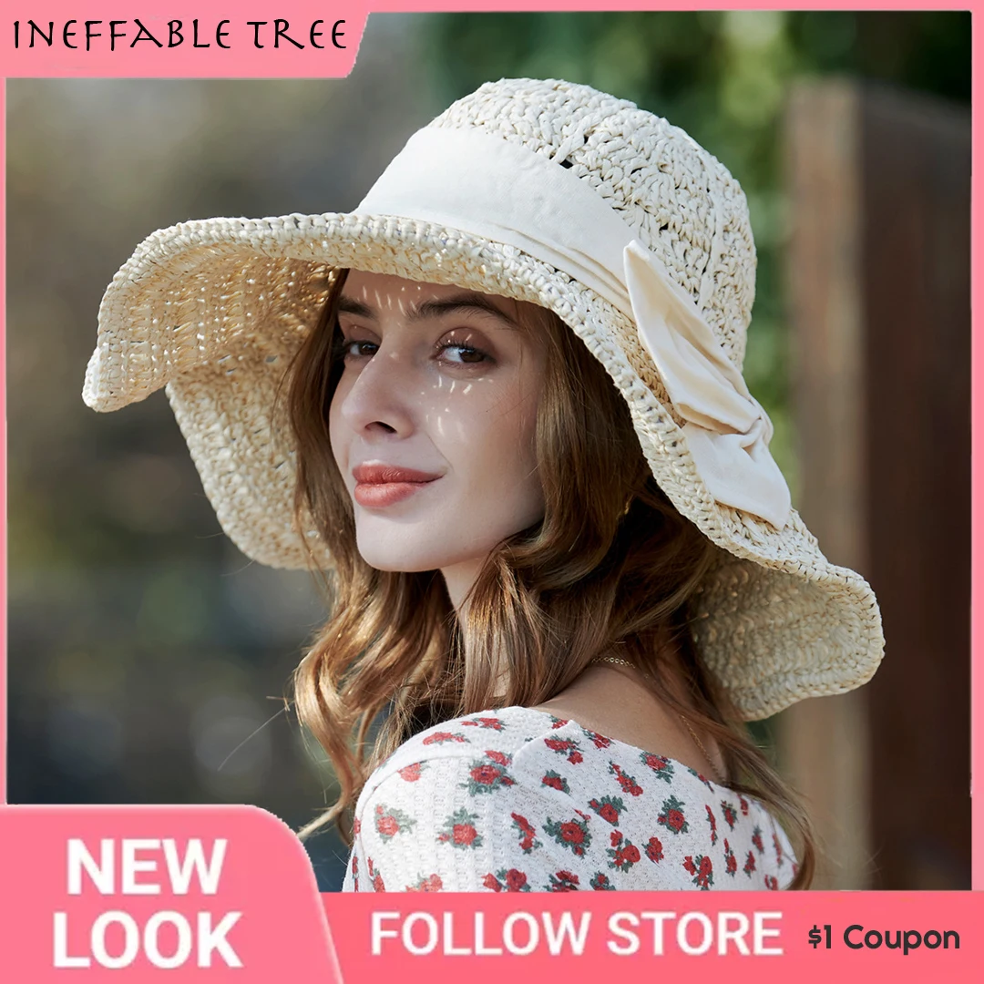 Ladies Wide Brim Floppy Straw Sun Hat with Bowknot, Khaki