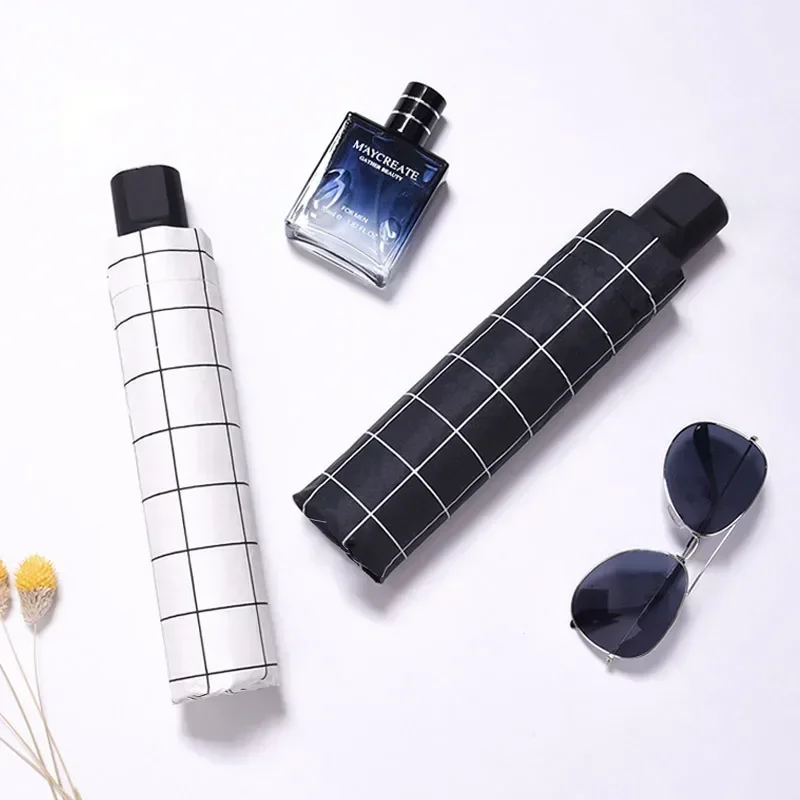 Manual Opening and Closing of Sun and Rain Dual Purpose Checkered Black Glue Sun Folding Umbrella
