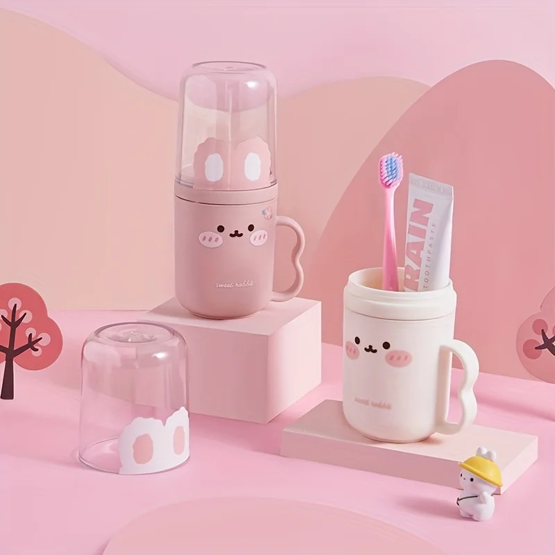Cute Rabbit Toothbrush Box+Cute Decorations, Travel Cup Set - Portable Plastic Toothpaste Bathroom Mouthwash Cup,_voghion.com