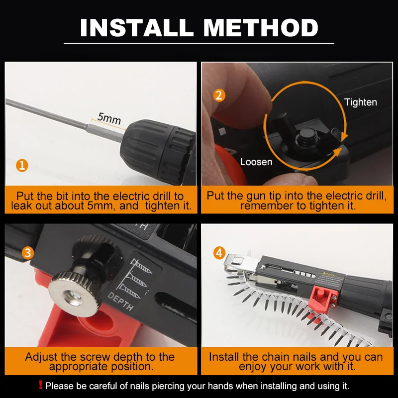 Electric Drill Chain Nail Gun Converter Cordless Power Drill Attachment Woodworking Tools for Wall Wood Board Ceiling Collating 6