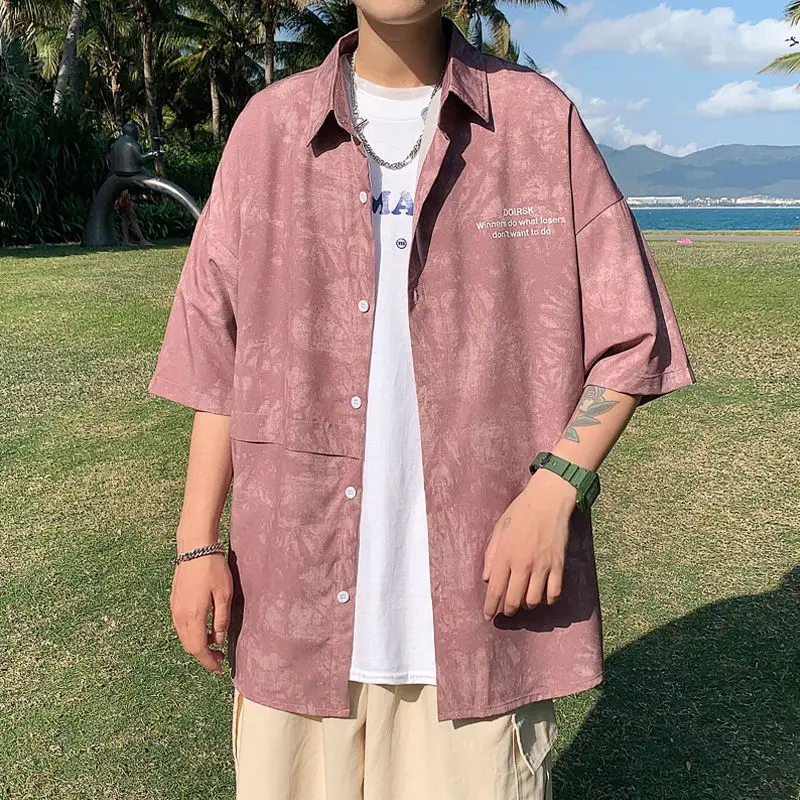 Shirts Men Turn-down Collar Loose Spring Summer Thin Tie Dye Button Short Sleeve Pockets Fashion Casual