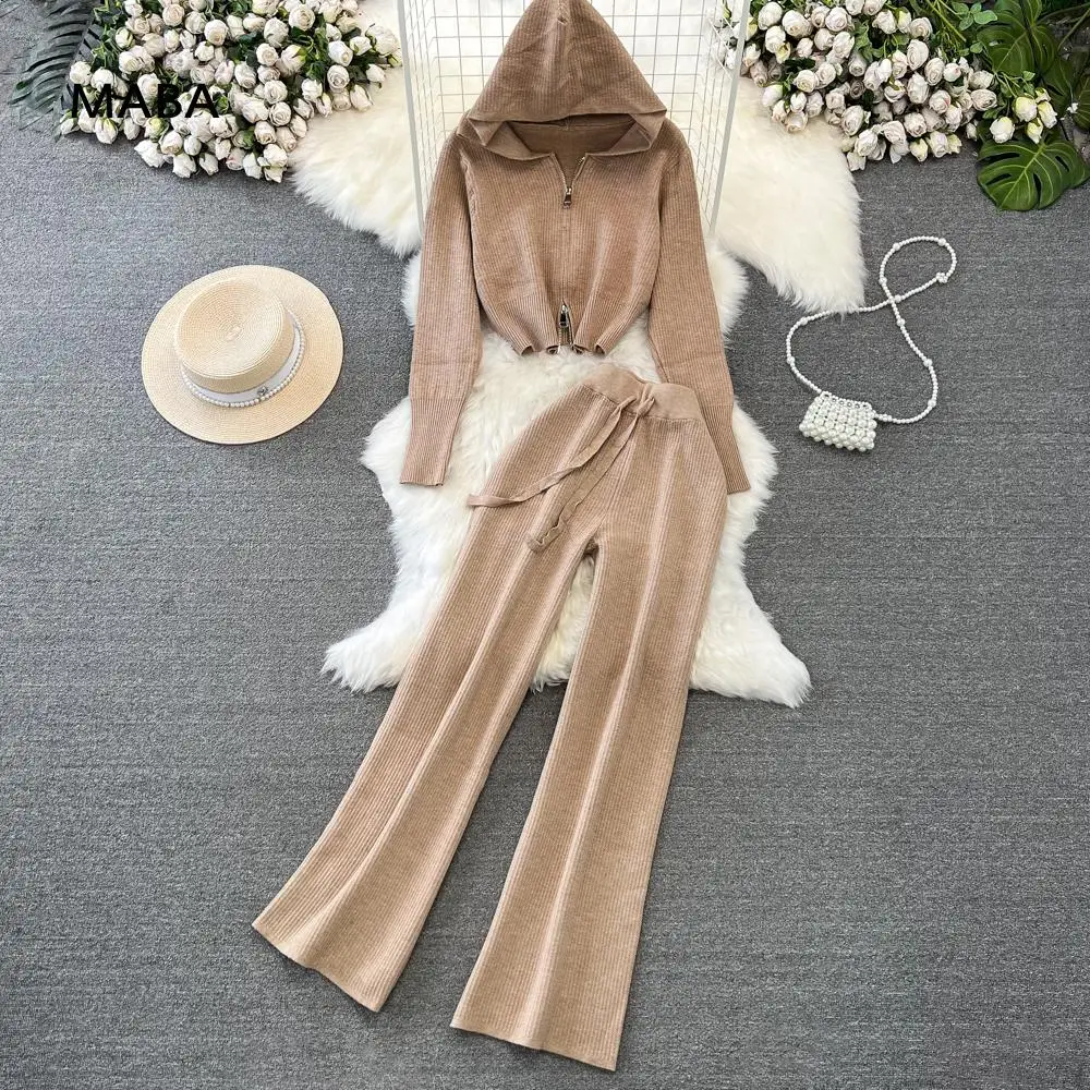 

High Quality Knitted Long Pants Sets Women Autumn/winter Long Sleeve Hooded Solid Zipper Short Coat+wide Leg Pants Casual Suit