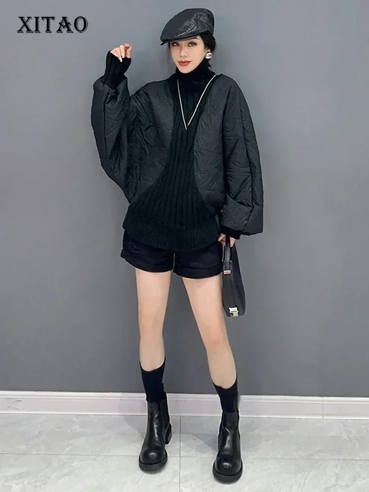 

XITAO Loose Turtleneck Knitting Patchwork Parkas Fashion Batwing Sleeve Women Autumn New Temperament Trend Casual Top HQQ1736