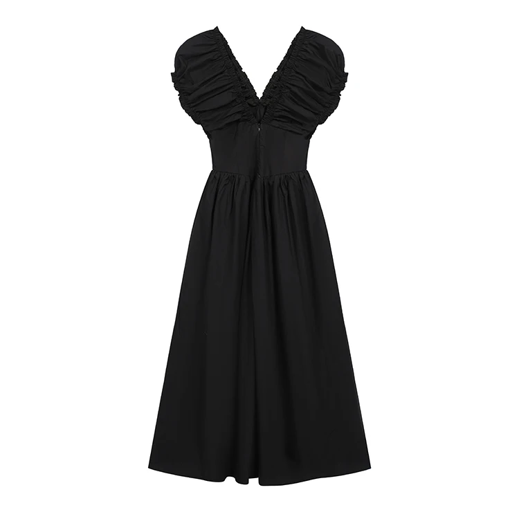 Casual Solid Midi Dresses for Women Korean Chic V-neck Backless High Waist Puff Sleeve A-line Party Dress Summer Vestidos Mujer
