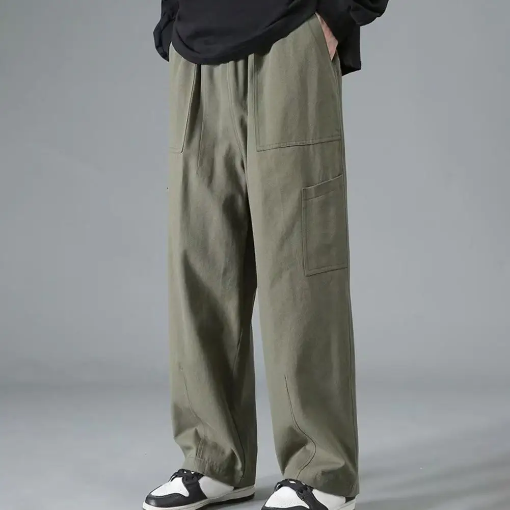 Men Pants Loose Trousers Japanese Style Men's Cargo Pants with Wide Legs Elastic Waist Multi Pockets Streetwear for Wear