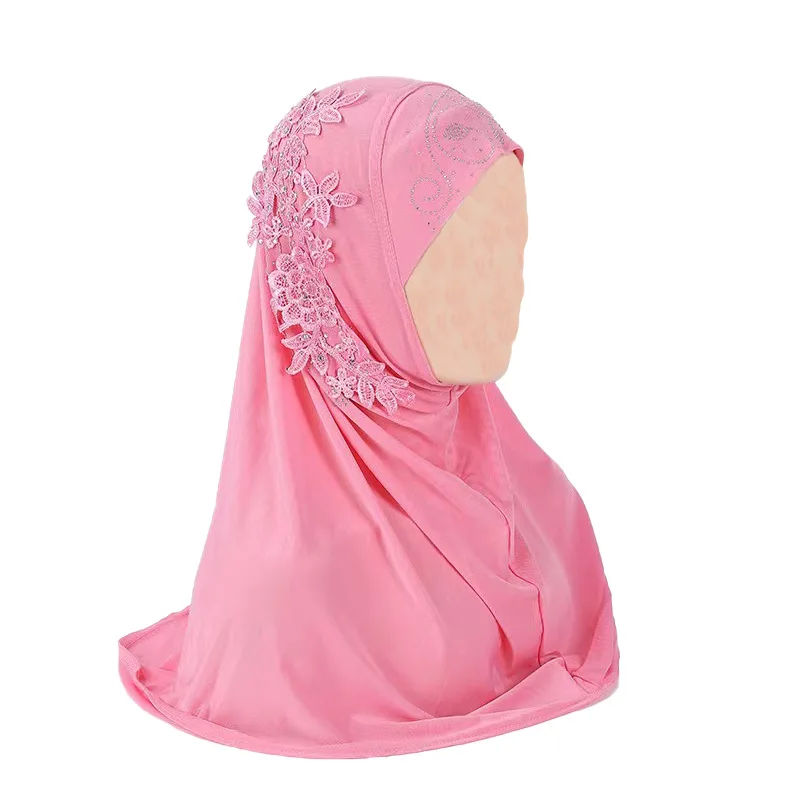 Muslim Pullover Hat Solid Color Sparkling Diamond Lace Flower Middle Eastern Beauty Girl Headband Cover