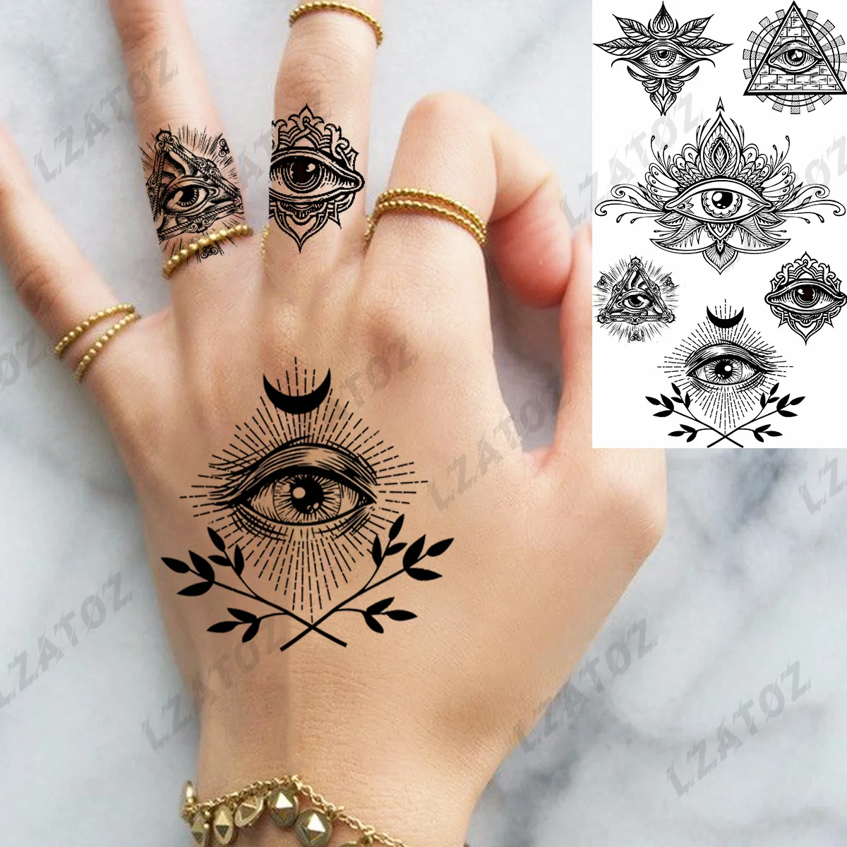 

Evil Eye Moon Temporary Tattoos For Women Adults Unique Mountains Leaves Fake Tattoo Stickers DIY Finger Washable Small Tatoos
