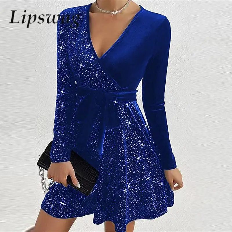 

Casual Patchwork Shiny Glitter Velvet A-Line Dress Sexy V Neck Lace-up Party Dress Fashion Long Sleeve Women Pleat Mini Dresses