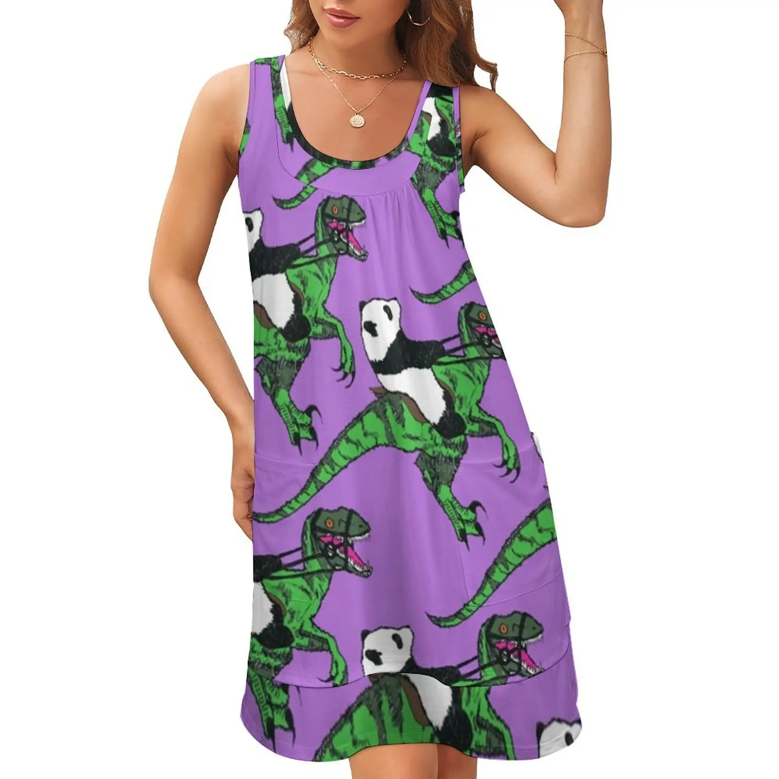 

Jurassic Panda Logo Print Sleeveless U-Neck Fake Two Piece Dress woman dress
