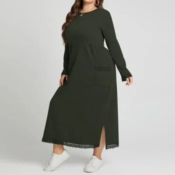 Plus Size 0XL-5XL Women's Fall New Loose Fashion Dress Knitted Lace Long Dress Padded Sweater Casual Dress Sports Dresses
