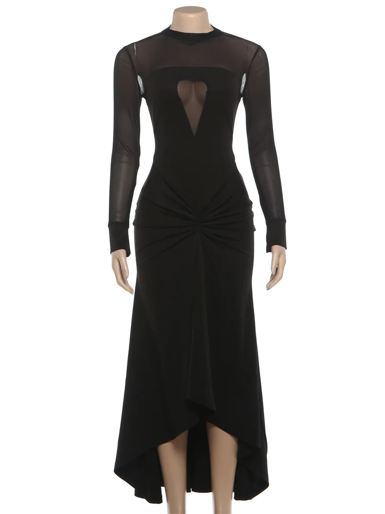 Nibber Patchwork Velvet Mesh Maxi Dress Women Irregular Hem Sexy Full Sleeve o-Neck Prom Party Elegant Autumn Trend Vestidos