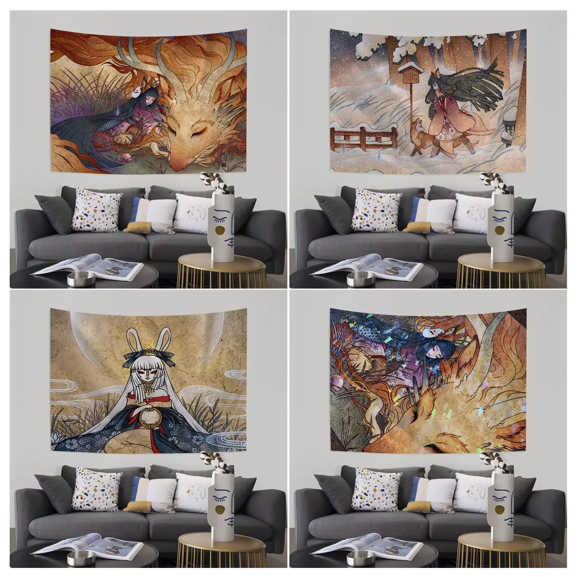 Anime Running With Monsters Kitsune Fox Yokai Printed Large Wall Tapestry Cheap Hippie Wall Arazzi Mandala Kawaii Room Decor