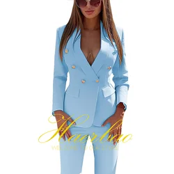 Light Blue Suit for Women Double Breasted Jacket Pants 2-Piece Set Formal Business Workwear Office Lady Slim Fit Blazer