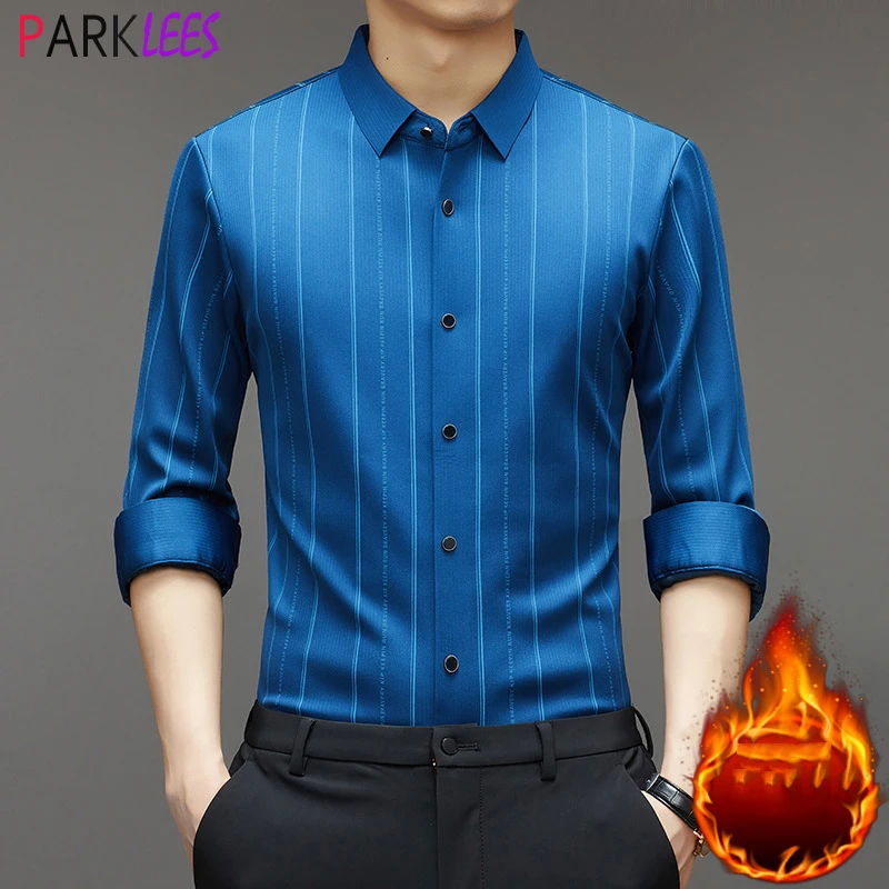 

Blue Winter Warm Mens Dress Shirts 2023 Brand New Slim Fit Long Sleeve Shirt Men Fleece Linend Casual Business Office Chemise