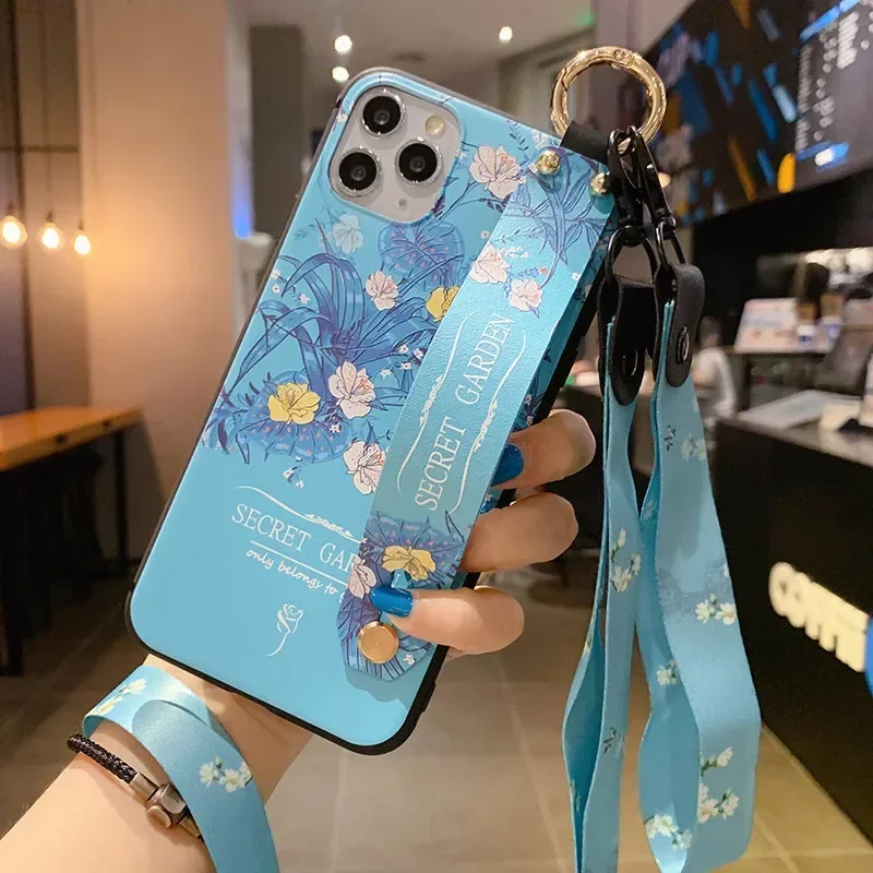 Retro Colorful Flower Soft TPU Phone Holder Lanyard Case with Neck Wrist Strap