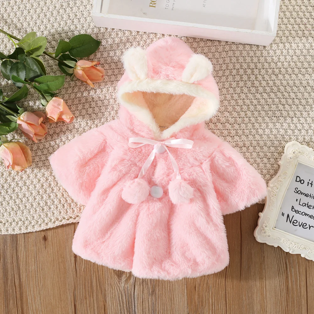 Winter Girls Coat Warm Fashion White Pink Rabbit Ears Hooded Cloak Cute Velvet Thick Coat for Baby