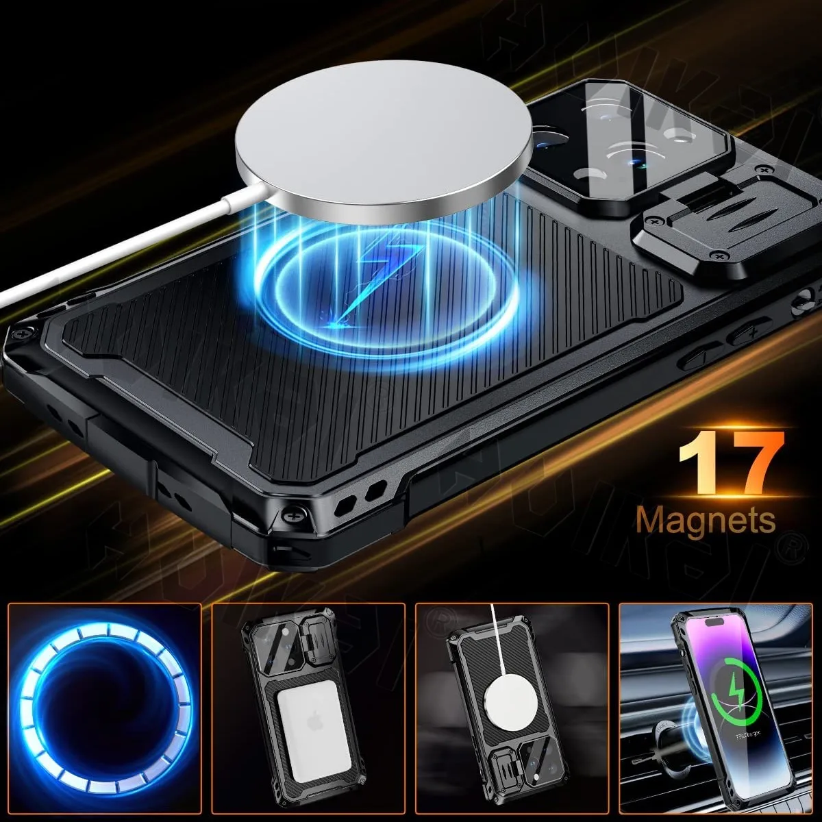 iPhone 15 Pro 14 Pro Max 용 금속 케이스 견고한 강화 유리 화면 보호기 카메라 보호 갑옷 MagSafe 마그네틱 커버