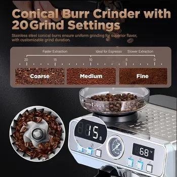 20 Bar Espresso Machine with Grinder, PID Temp Control 194-203°F, 68oz Tank, Cold Brew, All-in-One for Home 4