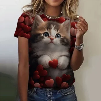 Fashion Women's T-shirt 3D Printed Kawaii Cat Pattern Short Sleeved Round neck Top Summer Outdoor Casual Street Simple Clothing 1