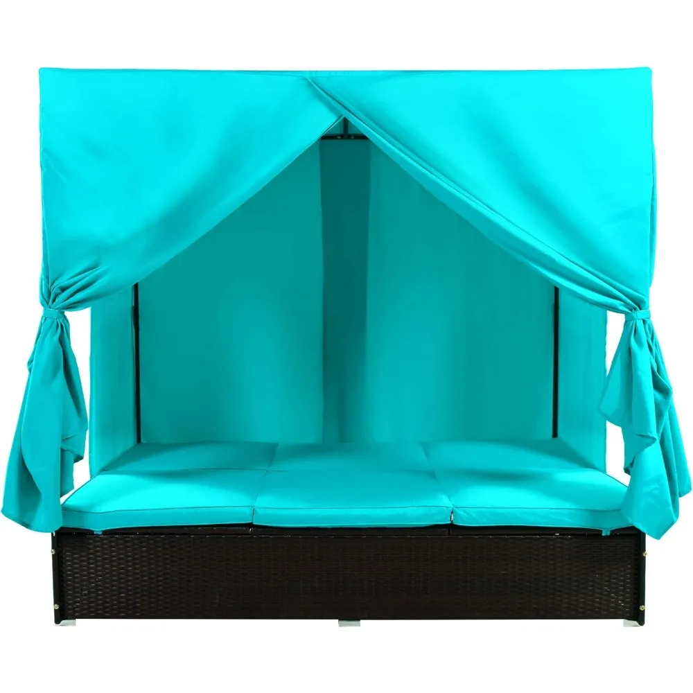 Outdoor Daybed Wicker Sunbed with Rectangular Canopy Curtains and Adjustable Seats, Patio Furniture Set Sectional Sofa