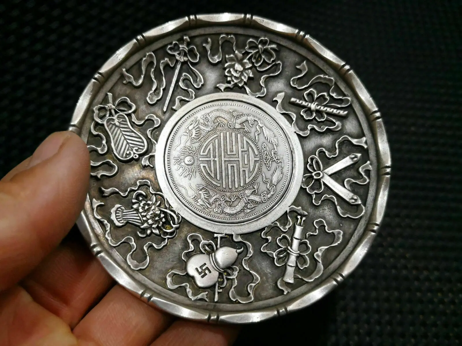 CHINEA FOLK old Carved Tibetan silver plate writing-brush washer ornaments