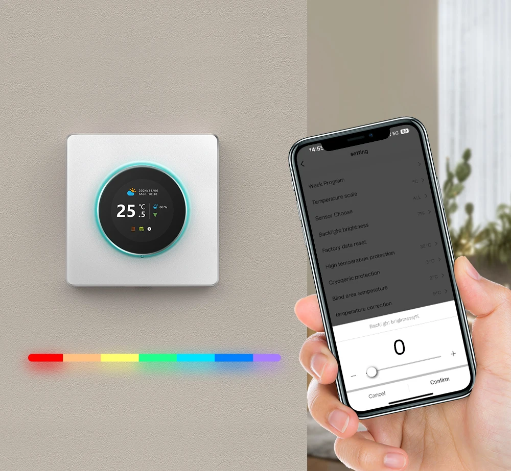 Smart Knob Thermostat, Multiple Scene Displays, Weekly Programming Mode, Work wi