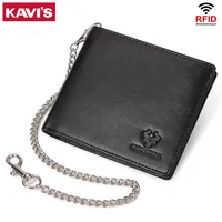 KAVIS 100% Genuine Leather Short Purse Business RFID Protect Credit Card Holder Clutch For Men With Anti-theft Chain Wallet 1