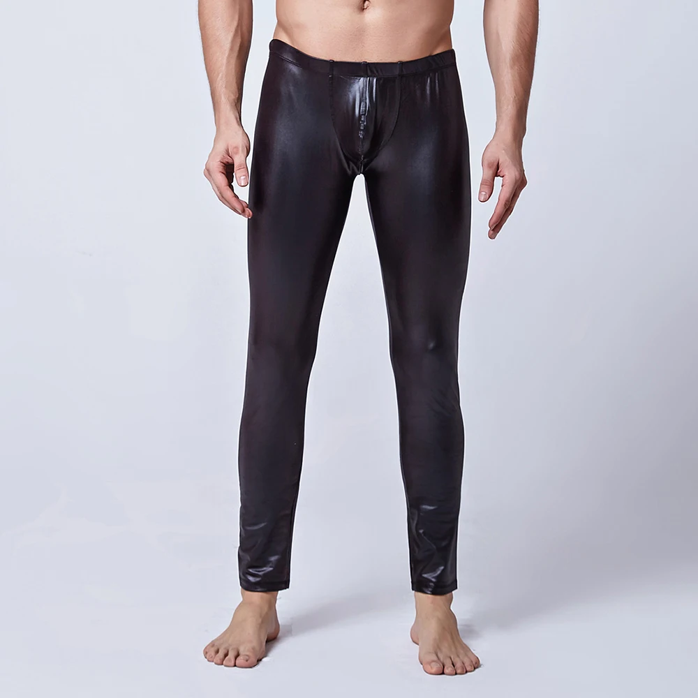 Stretch Long Pants Men Sexy Slim Wet Look PU Leather Pants Big Penis Big Pouch Trousers Tight Leggings Club Nightclub Stage Show