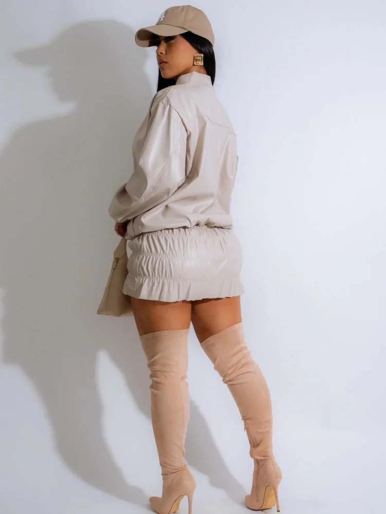 Wmstar Two Piece Set Wome Wholesale Autumn Winter Solid Color Long Sleeved Leather Casual Fashionable Anti Stand Up Collar Skirt