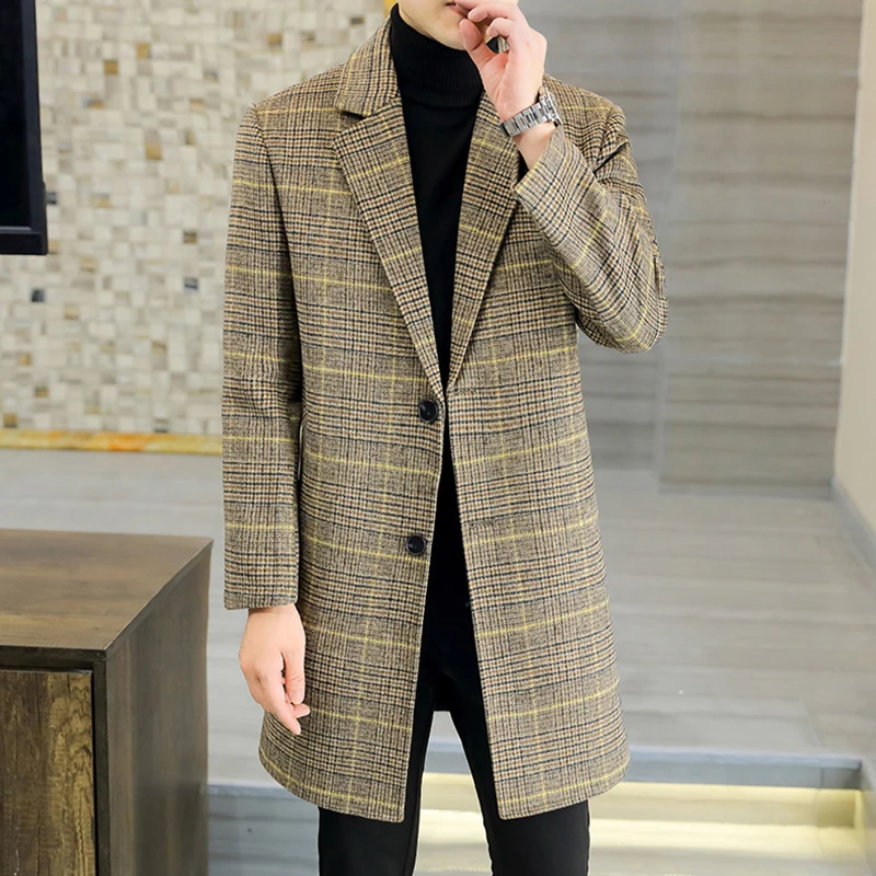 Casual 2025 Cappotti di lana scozzesi di media lunghezza da uomo invernale Business Warm Top Cappotto Outwear Giacca a vento di lana addensata in cotone 1