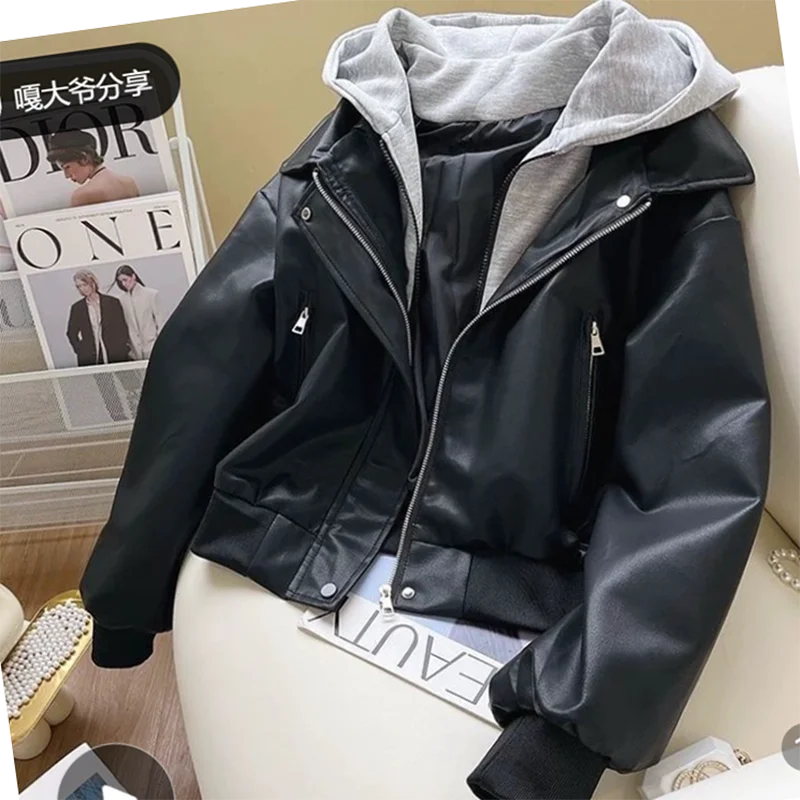Korean Fashion Splice Design Hat Jacket Women's Spring 2026 Versatile Leather Jacket Fake Two-Piece Outerwear