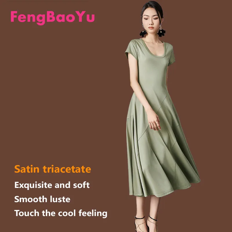 

Satin Triacetate Women's Short-sleeved Dress Green Skirt Smooth Flowing Youth Fashion Outdoor Street Clothing Comfortable Cool