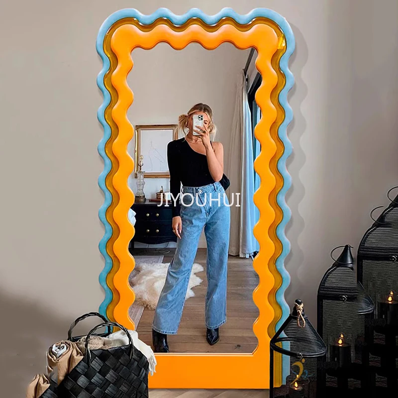 

Bedroom Irregular Art Mirror Bathroom Organizer Cute Wavy Abstract Full Length Mirror Cool Design Miroir Mural Home Decoration