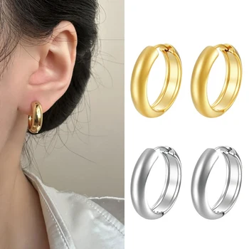 Classic Smooth Round Stainless Steel Earrings Woman Geometric Circle Ear Buckle Gold Silver Color Fashion Huggie Daily Jewelry