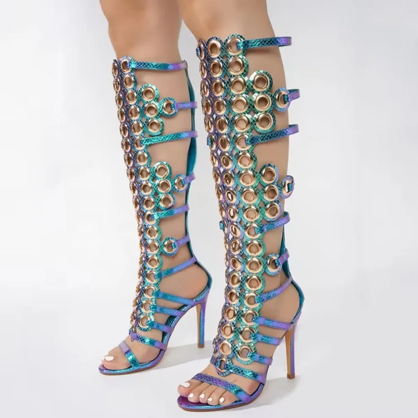 

2024 Summer Metal Circle Ornaments Women Knee High Boots High Slim Heeled Cut Out Long Booties Sexy Punk Styles Dress Shoes