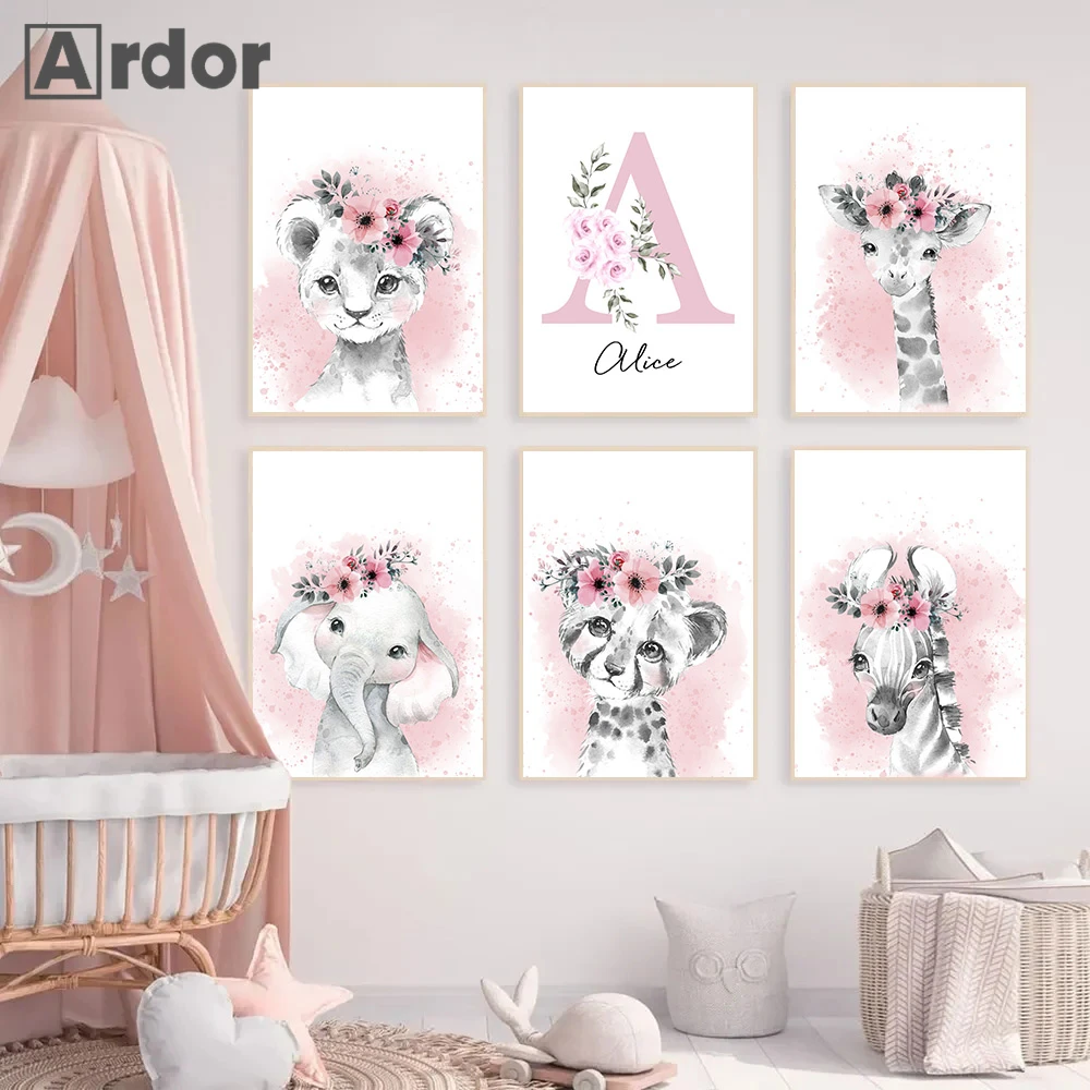 

Custom Name Poster Pink Flower Canvas Print Lion Elephant Art Painting Jungle Animals Wall Art Nursery Picture Girl Room Decor