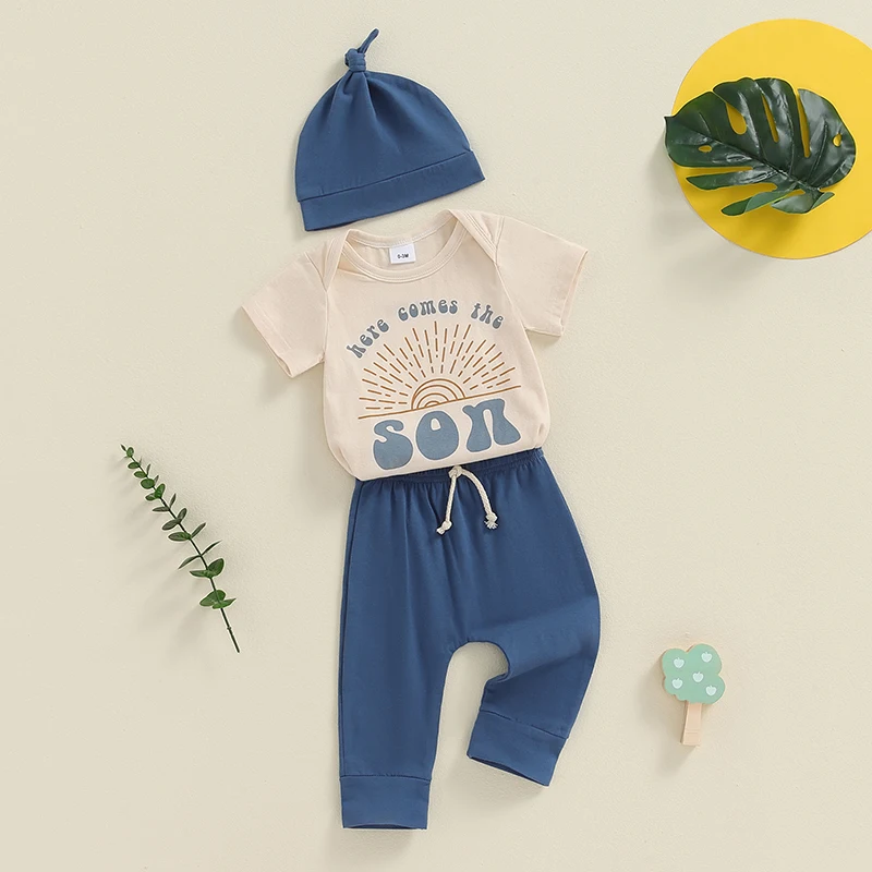 -05-06 Lioraitiin Baby Boys Outfit, Sun Letters Print Short Sleeve Romper with Elastic Waist Pants and Hat Infant Clothes