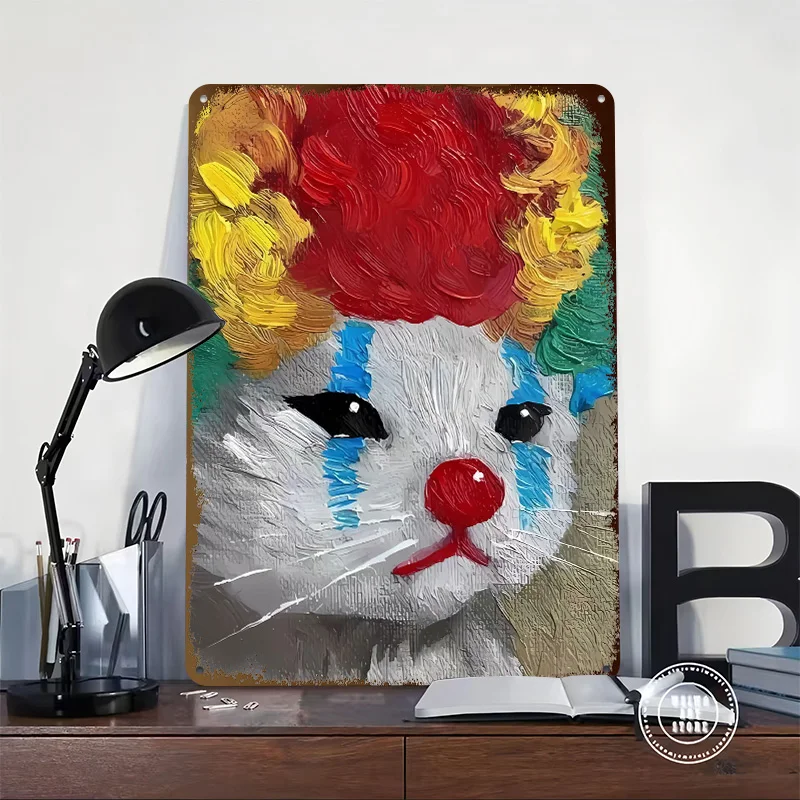 슬픈 광대 고양이 그림 틴플레이트 포스터 맞춤형 벽 예술 레트로 빈티지 금속 표지판 가정 방 게이머 장식 게임용