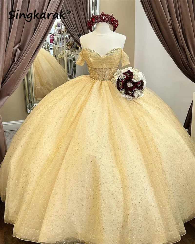 

Yellow Ball Gown Quinceanera Dresses 2024 Off Shoulder Glitter Beads Crystals Sweet 16 Dress Cutom-Made Vestidos De 15 Anos