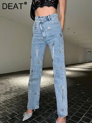 DEAT Women's Jeans High Waist Stars Diamonds Tassel Asymmetric Solid Color Straight Denim Pants 2024 Summer New Fashion 29L2980
