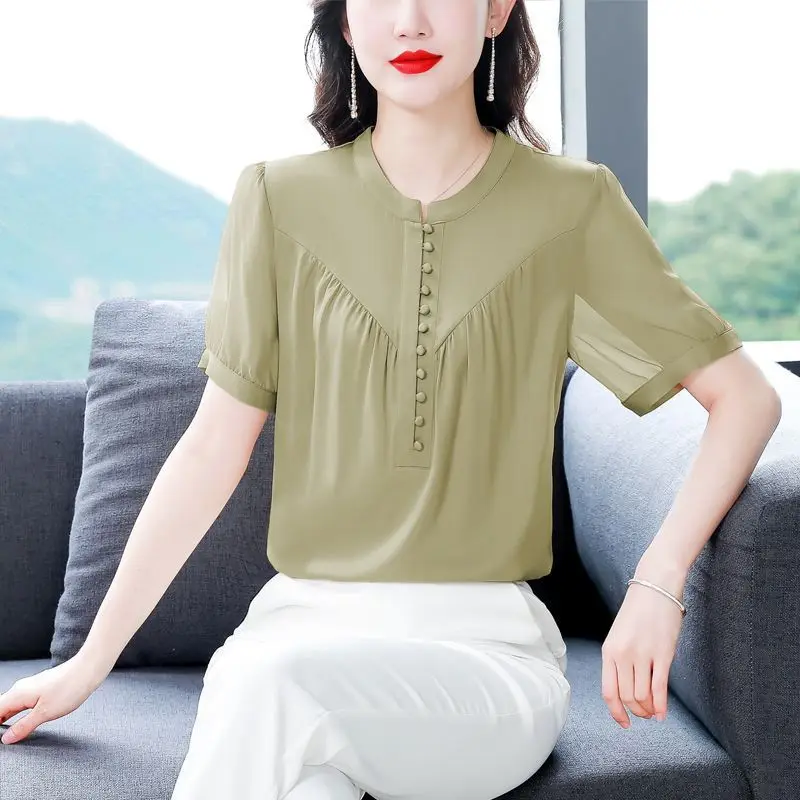

Spring Summer Solid Short Sleeve Fashion Casual Loose Button Round Neck Pullover Chiffon Vintage Elegant Commuter Sweet Tops